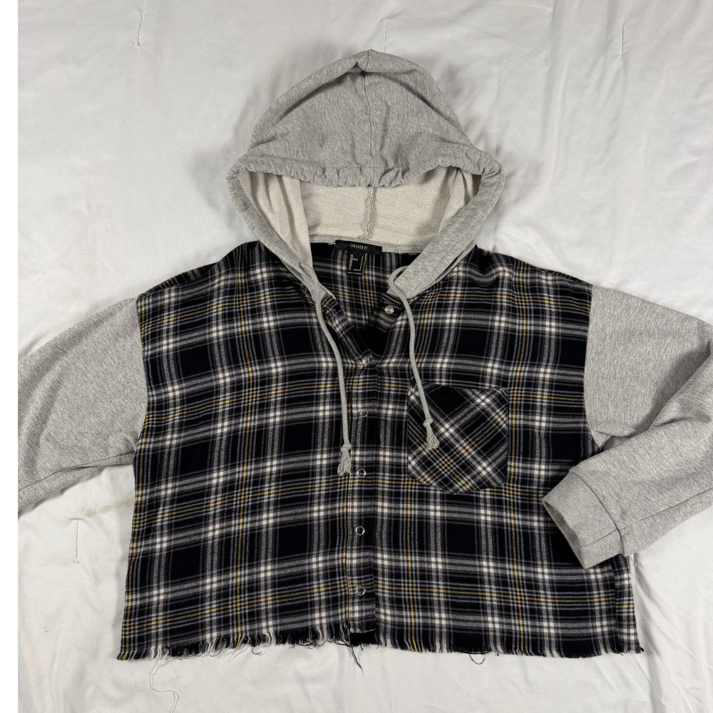 Forever 21 Plaid Cropped Hoodie Small Black White Yellow Snap Front Raw Hem 90s